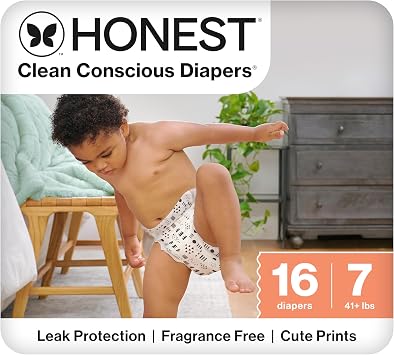 The Honest Company Comfort Dry Disposable Daytime Diapers for Sensitive Skin, Hypoallergenic, Fragrance-Free, Pattern Play, Polybag Size 7 41 lbs, 16 Count