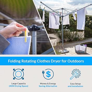 BLADO Rotary Washing Line 4 Arm 60M Washing Line Rotary with Peg Bag Rotary Clothes Lines for Outside, Whirlygig Clothes Airer Outdoor with Cover & Metal Ground Spike (60M)