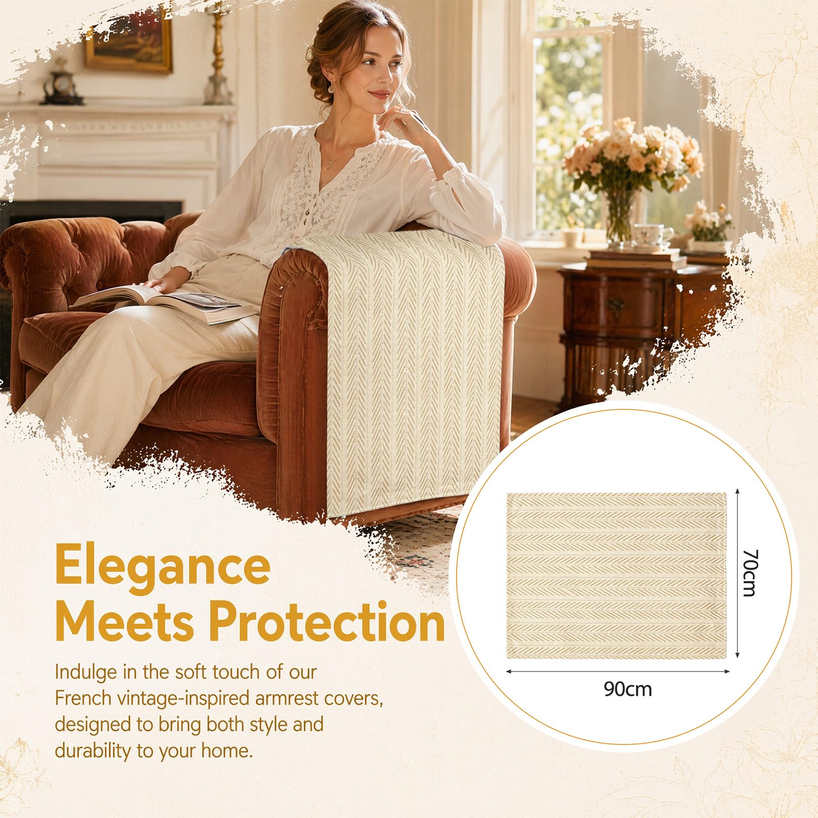 Sofa Armrest Covers, 2PCS Elastic Non Slip Sofa Covers for Fabric 70x90cm, White - Image 2