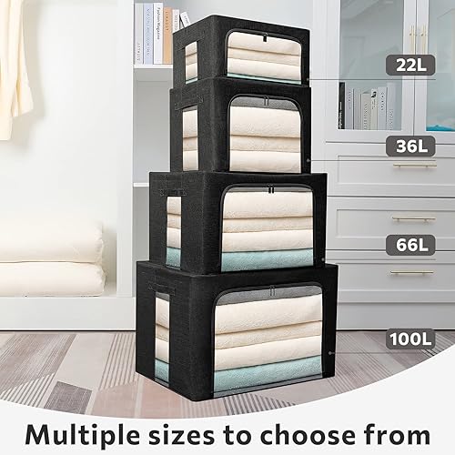 Miniatura 7 de Paquete de 2 contenedores de almacenamiento de ropa, caja de almacenamiento plegable con marco de metal, juego organizador de tela de lino de gran