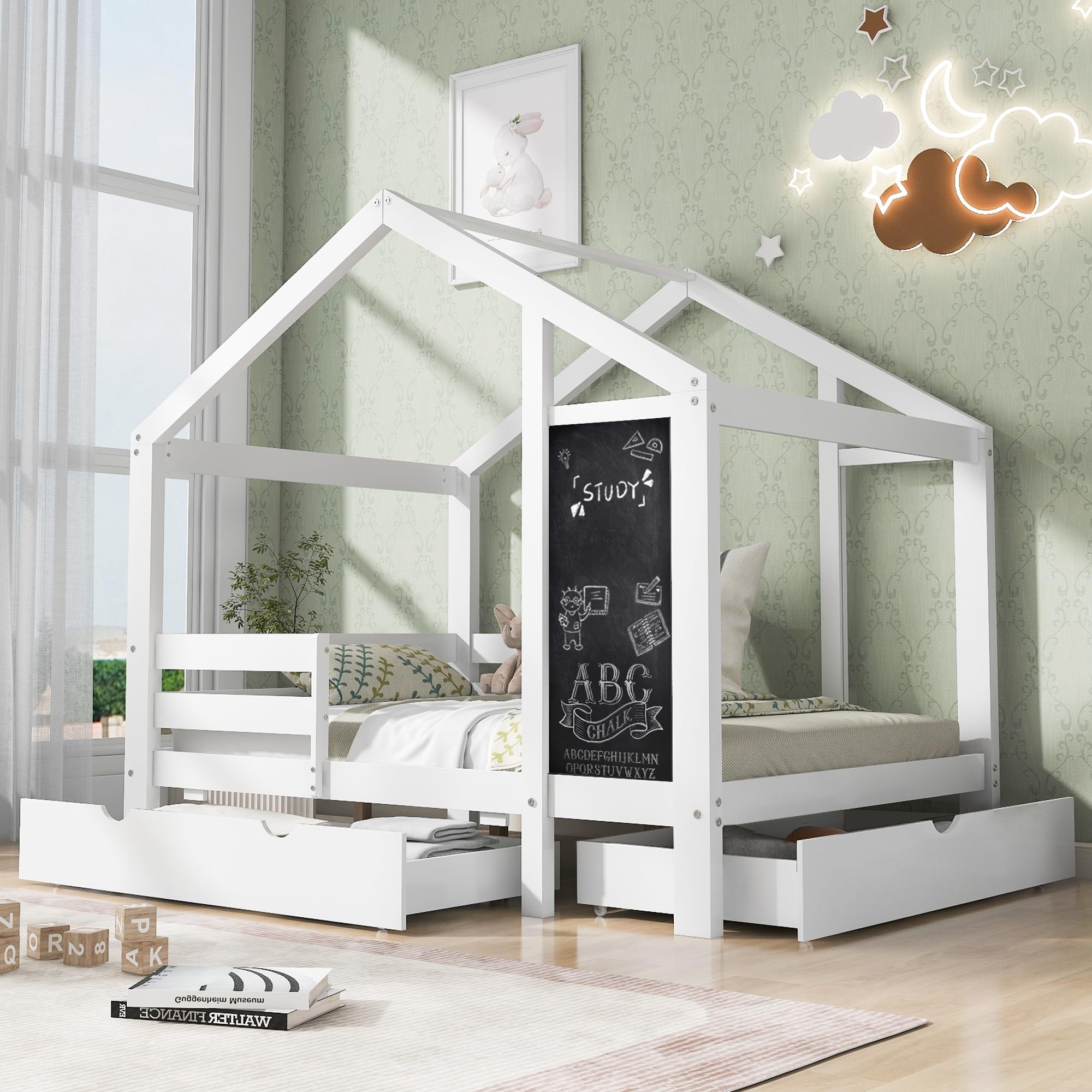 Wekuku Twin House Bed with Blackboard Drawer, 2 Assembly Options White Kids Bedroom for Storage Play (1 Drawer Included)