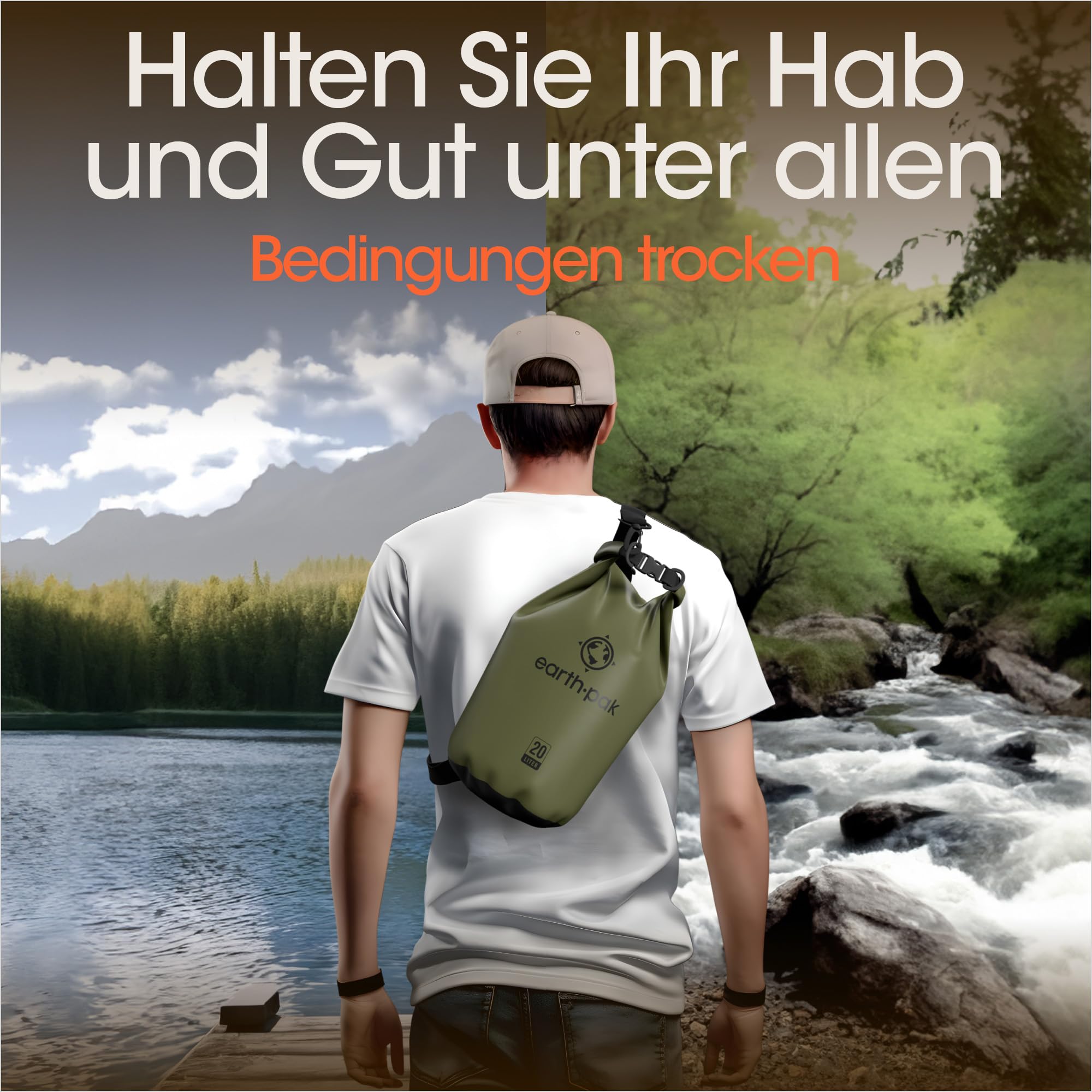 Earth Pak – Wasserdichter Packsack mit Schultergurt und wasserfester Handyhülle – Ideale Rolltop Tasche beim Kajak Fahren, Wandern, Camping, Angeln, Bootfahren und Rafting