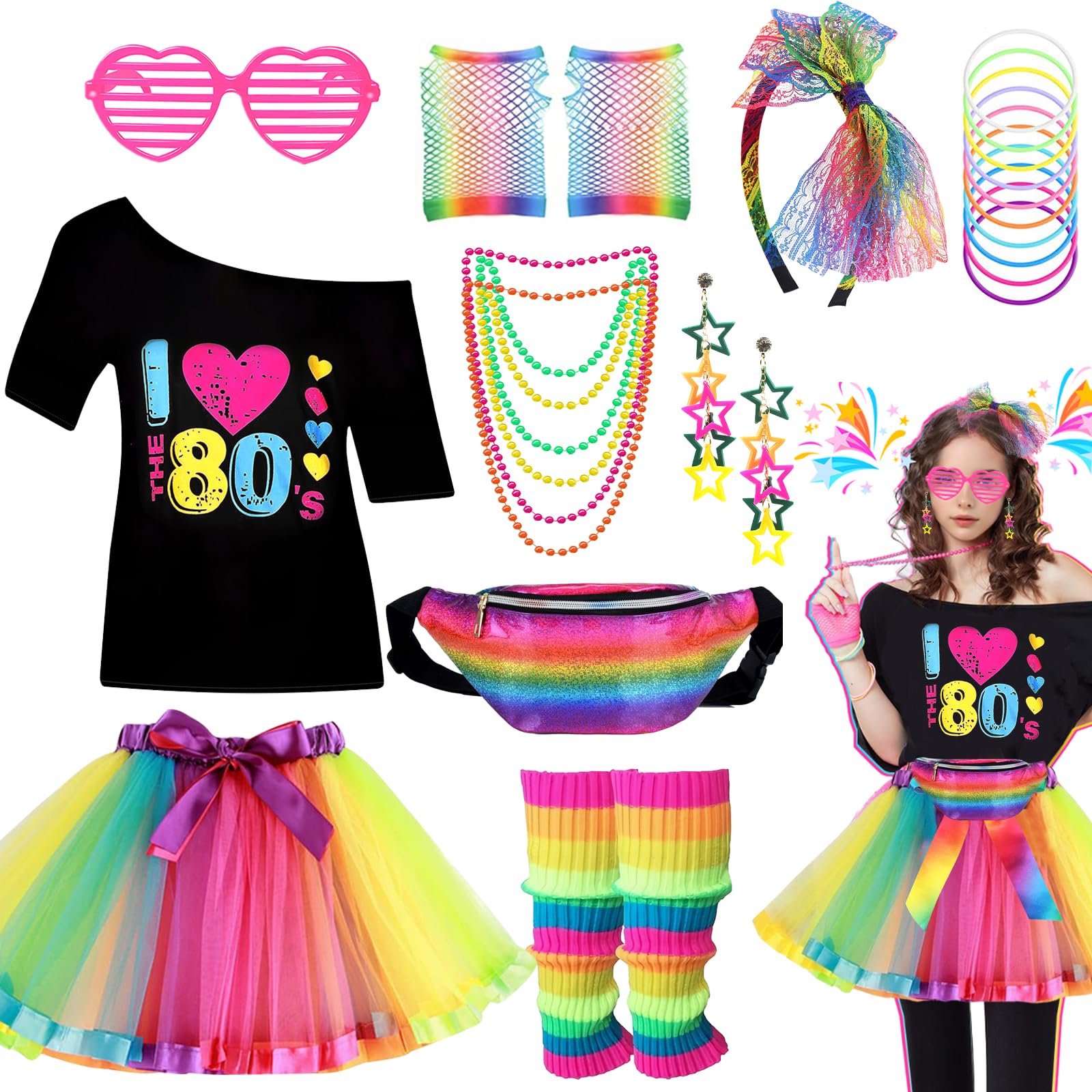 80s Fancy Dress Accessories for Women, Including T-Shirt Tutu Skirt Bumbag Leg Warmers Gloves Glasses Headband Earrings Necklace Bracelets 1980s Costume Outfits for Ladies Girls Hen Party