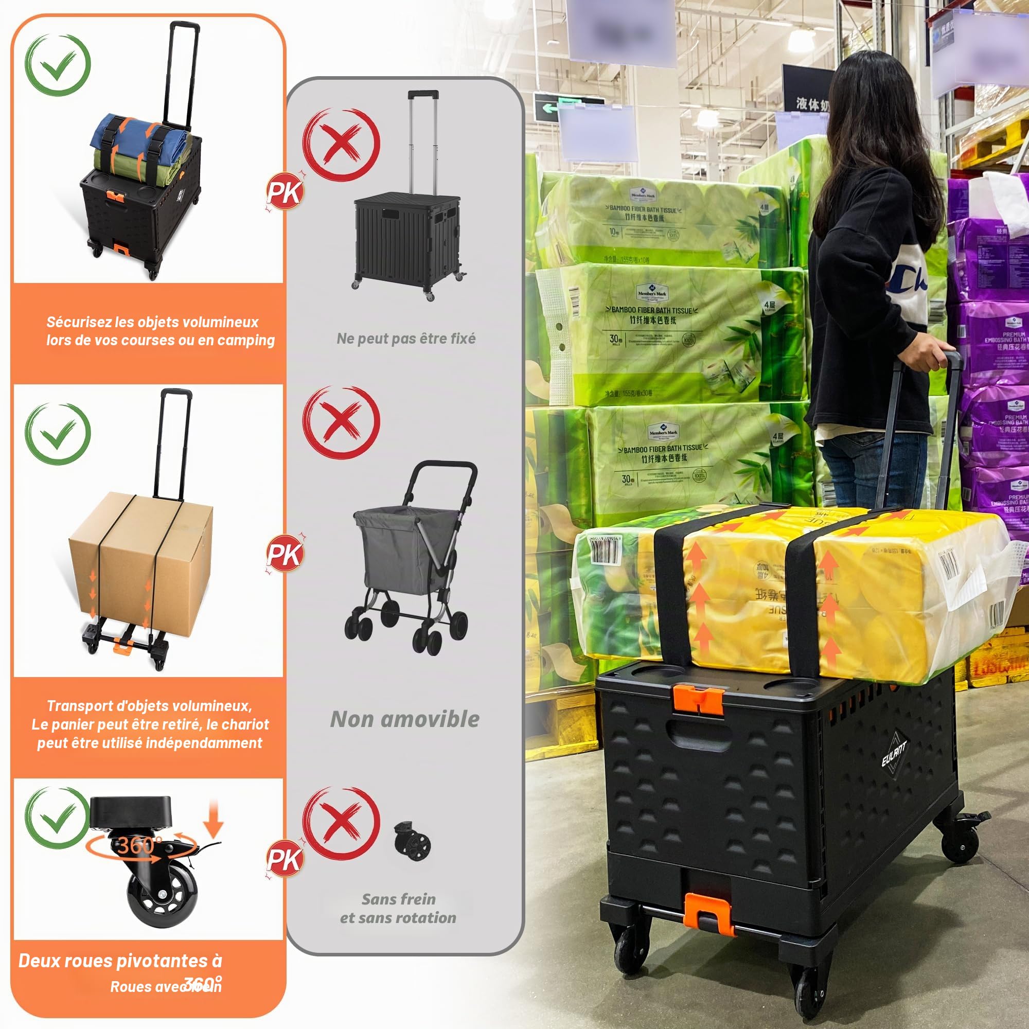 EULANT 2in1 Chariot à Main Pliable avec Boîte Pliante 60L et Couvercle,Chariot de Transport avec Roues Pivotantes à 360° et 2 Cordes Elastiques,Caisse sur Roues avec Poignée Ajustable et Frein