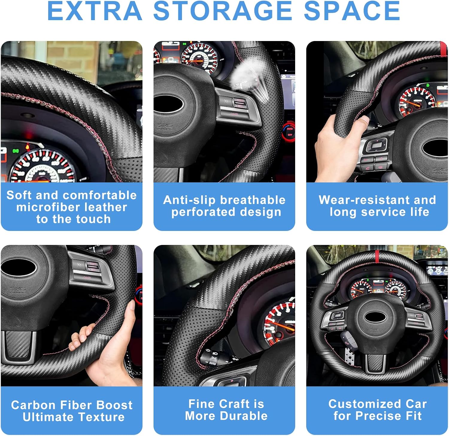 Carbon Fiber DIY Steering Wheel Cover for 2015-2019 Subaru WRX STI /2015-2019 Levorg/ 2019 STI S209 Interior Accessories, 15 inches Hand Sewn Stitching Leather Steering Wheel Cover Full-Wrap