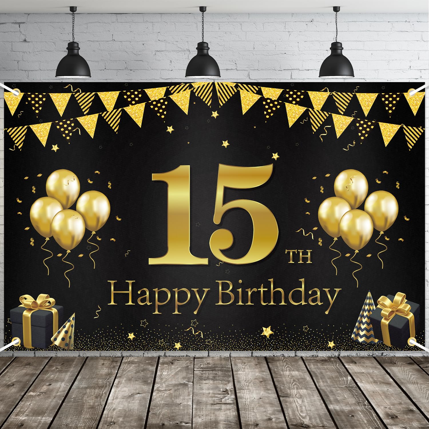JOYKY Happy 15th Birthday Banner, Black Gold 15th Birthday Party Decorations for Boys Girls, 15 Year Old Birthday Supplies Backdrop Décor, 5.9 X 3.8