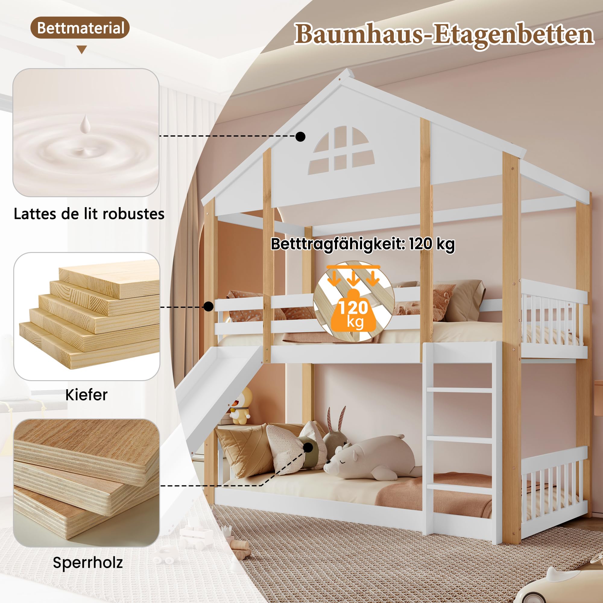 Soweiz Litera Infantil con Tobogán y Escalera, Cama Alta Casa de Madera, 90x200 cm