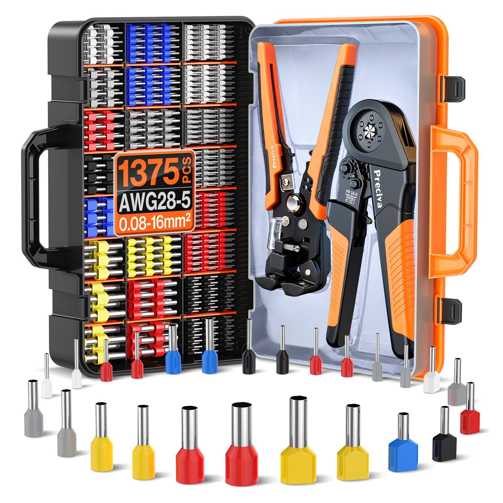 Crimpzangen Aderendhülsen Set, Preciva 0.08-16mm² Crimpzange Sechskant Aderendhülsenzange mit Aufbewahrungsbox, Abisolierzange und 1110 Stück Einzeilige Aderendhülsen + 265 Stück Twin Aderendhülsen