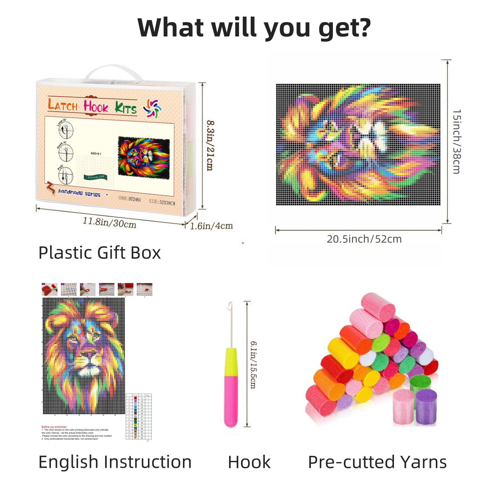 Latch Hook Rug Kit Colorful Lion Face Pre-Printed Handmade Carpet Crochet Yarn Craft DIY Hook and Latch Door Mat Tapestry for Home Floor Decoration 52x38cm-7