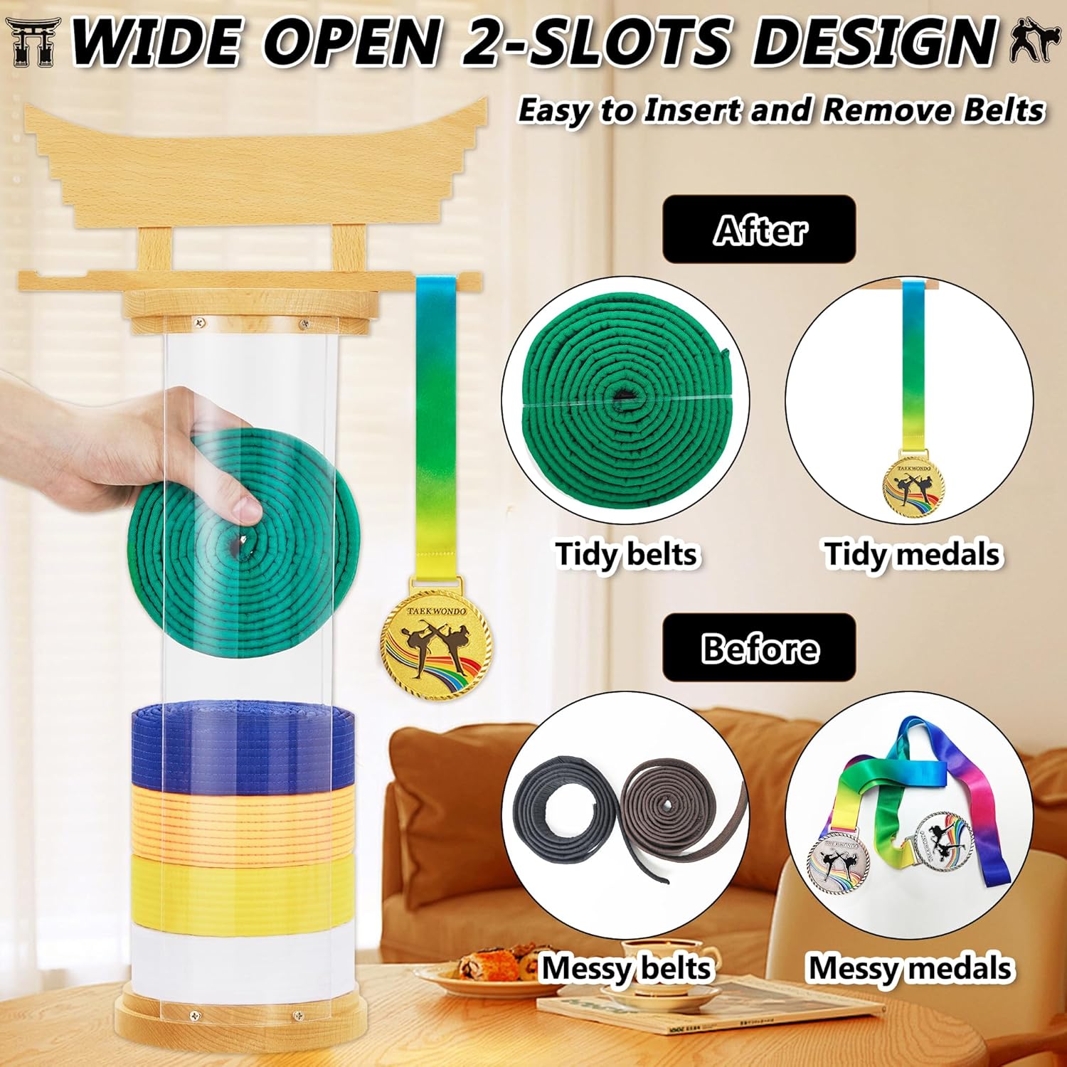 9 Karate Belt Display Rack,Freestanding Taekwondo Belt Display Holder with Bamboo Medal Hanger and Personalized Sticker,Cylindrical Martial Arts Jiu Jitsu Karate Gifts for Men Boys