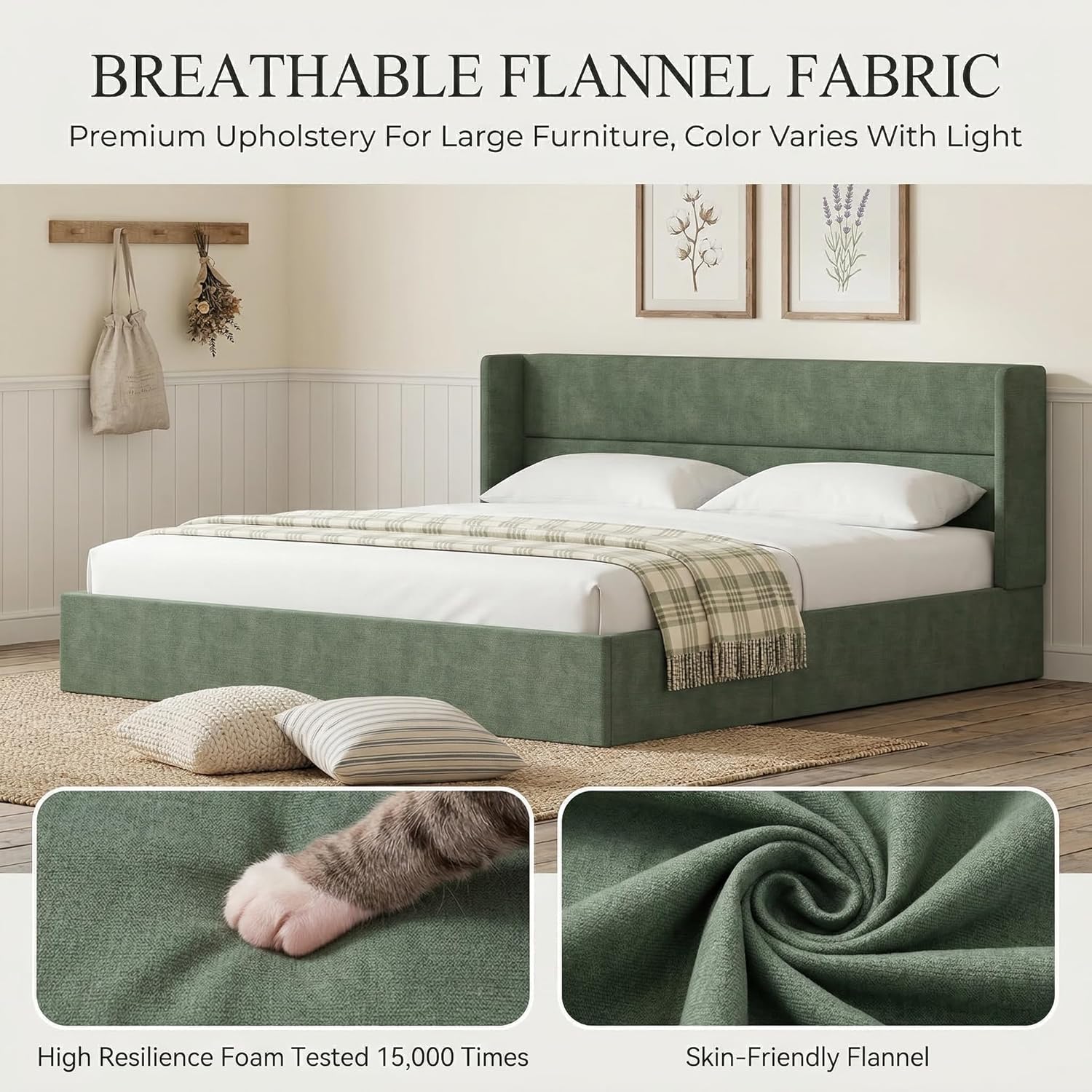 King Size Lift Up Storage Bed Frame, Modern Wingback Headboard, Flannel Fabric Upholstered Platform Bed with Hydraulic, Wooden Slat Support, No Box Spring Needed, Easy Assembly, Moss Green