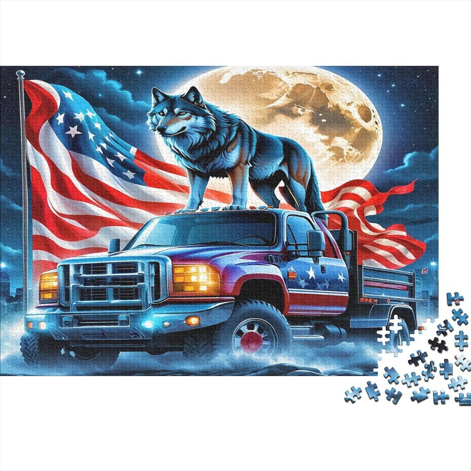 Truck Puzzle Game 1000 Pieces Paper for Adults Wolf Moon Night Flag Home Relaxation Gift 38x26cm/1000pcs