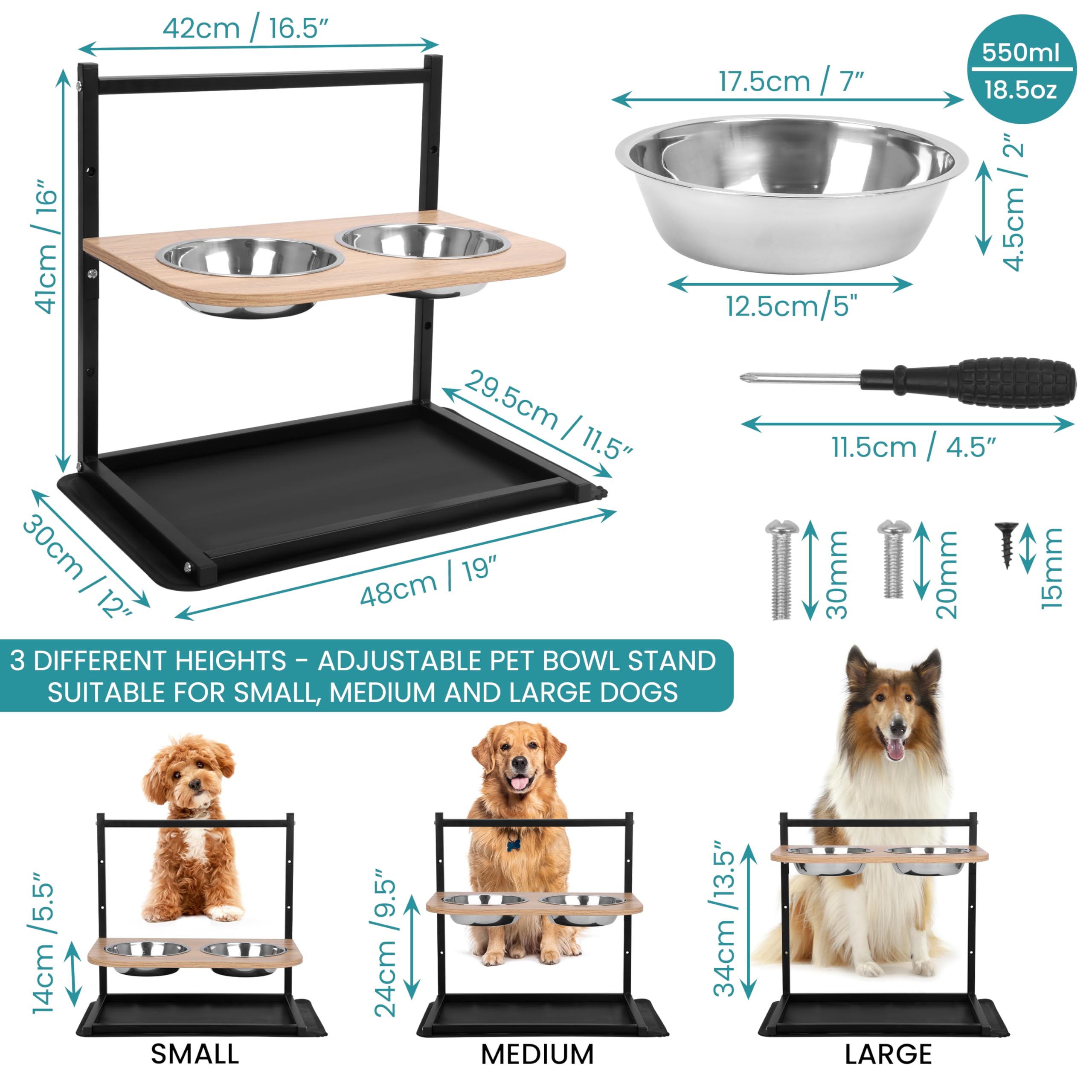 Belle Vous Comedero Elevado Ajustable Para Perros: 2 Cuencos De Acero Inoxidable 550ml + Tapete Antideslizante | Altura 14-34 Cm | Ideal Para Artritis