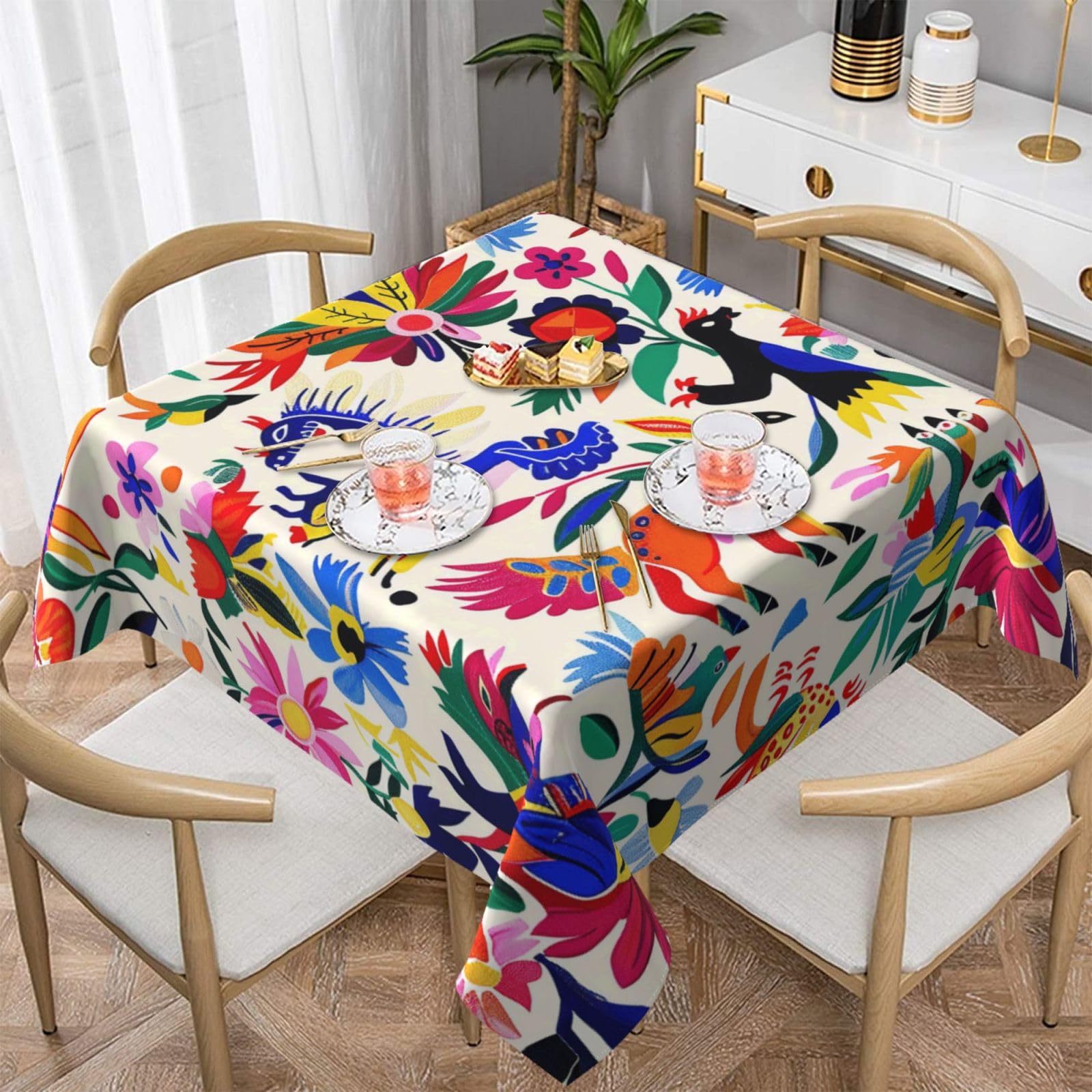 WPKJU Mexican Otomi Animals Printed Square Tablecloth 54x54 inch Water Resistant Table Cover Washable Rectangle Table Cloth for Dining Tables