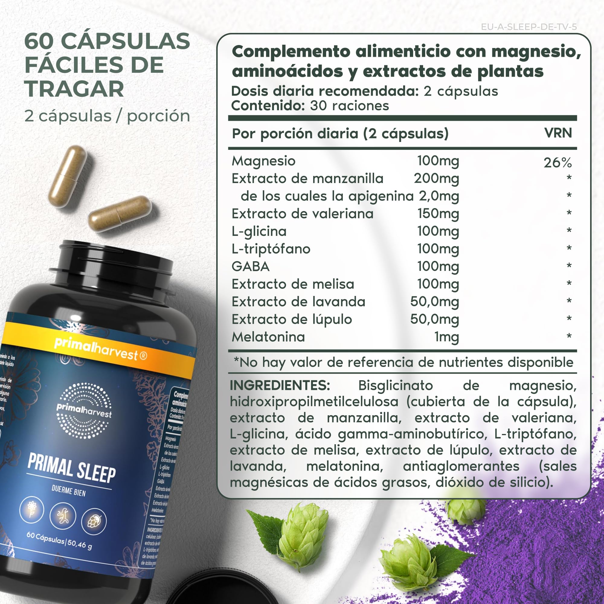 Primal Harvest Sleep - Mezcla natural con apigenina, L-triptófano, manzanilla y valeriana – Mezcla de hierbas como alternativa a la melatonina – Fabricado en Alemania