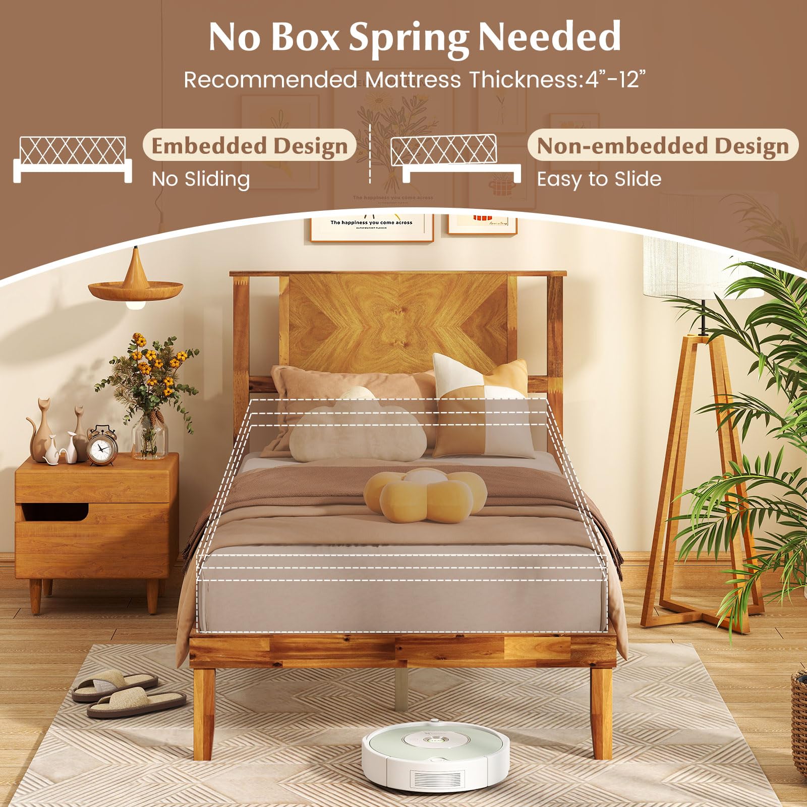 Giantex Full Size Acacia Wood Platform Bed Frame, Mid-Century Modern Bed Frame with Headboard, Wooden Slats Support, Under-Bed Space, No Box Spring Needed, Easy Assembly, Caramel: Twin Mid-Century Modern