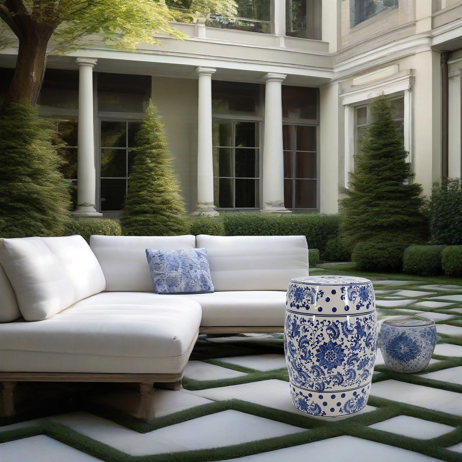 Tabouret de Jardin à Tambour en céramique de Style Chinois, Table d'Appoint Décor Chinoiserie, Tabourets en Céramique Bleu Et Blanc, Design Creux Porcelaine