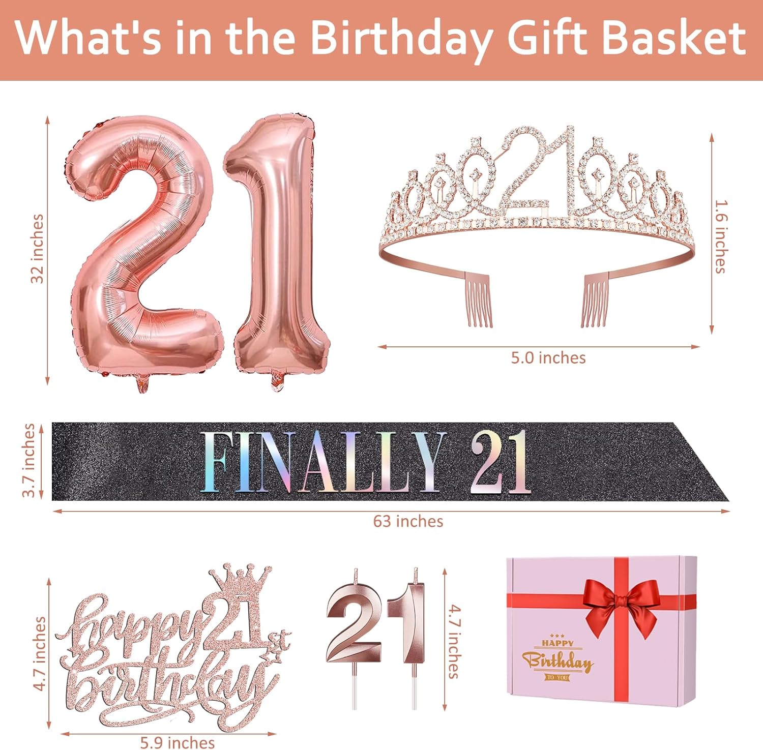 21st Birthday Decorations for Her with Black Finally 21 Birthday Sash and Tiara, Cake Topper and Candles, Number Balloons Rose Gold, 21 Year Old Gifts for Her - Image 2
