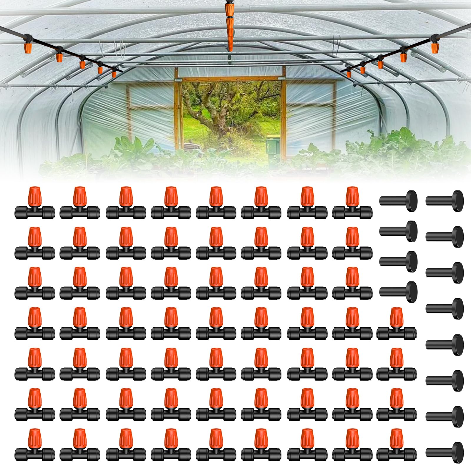 Pawfly 60 Pcs Push-to-Fit Drip Irrigation Spray Emitters for 0.64 CM Tubing, Tee Misting Atomizing Nozzles Micro Sprayers with Adjustable 360 Degree Water Flow, Irrigation Drippers with End Plugs