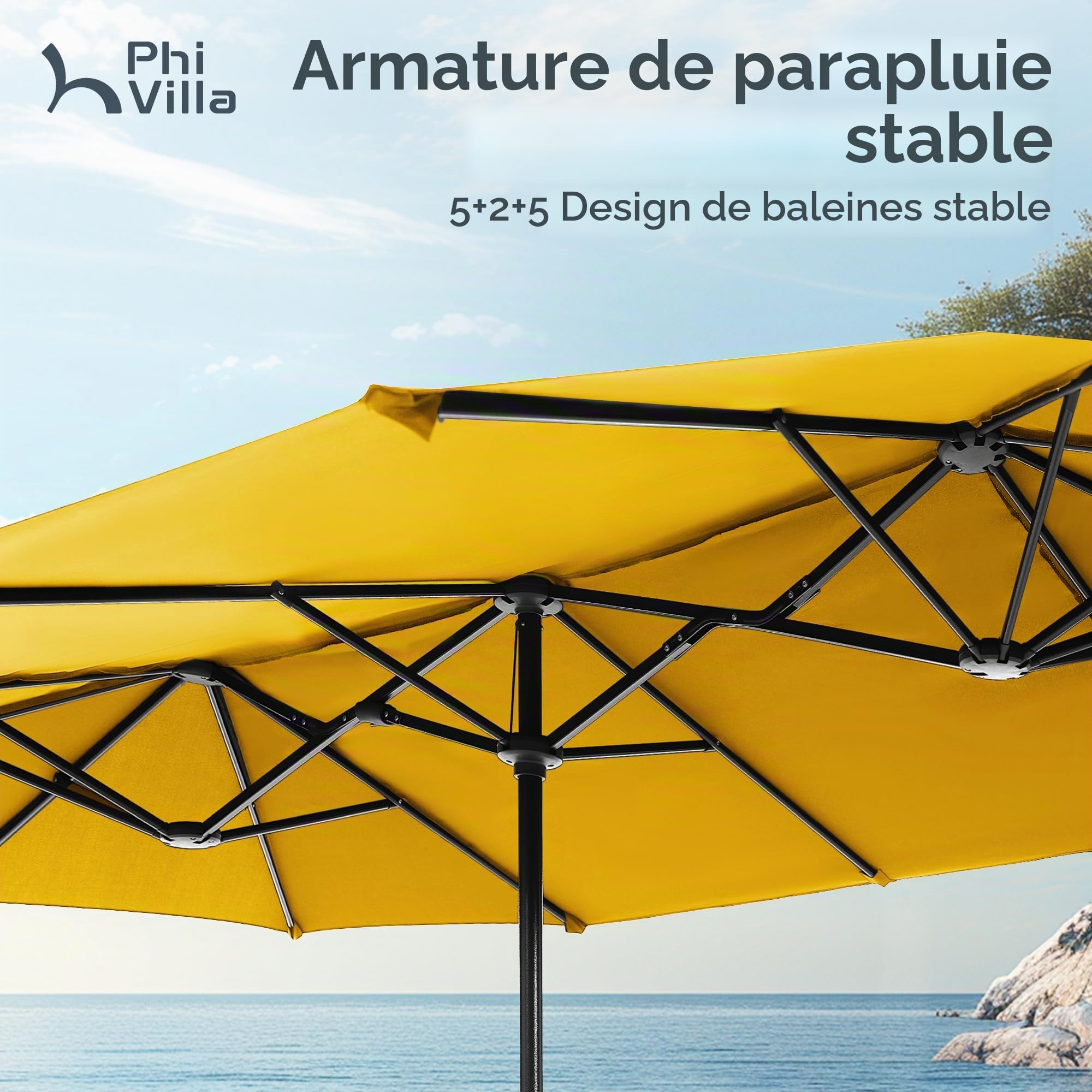 PHI VILLA Parasol de Jardin Extérieur,2x3,8m Parasol Double Face Rectangulaire avec Manivelle,Protection Solaire pour Terrasse, Résistant à l'Eau,Anti au vent