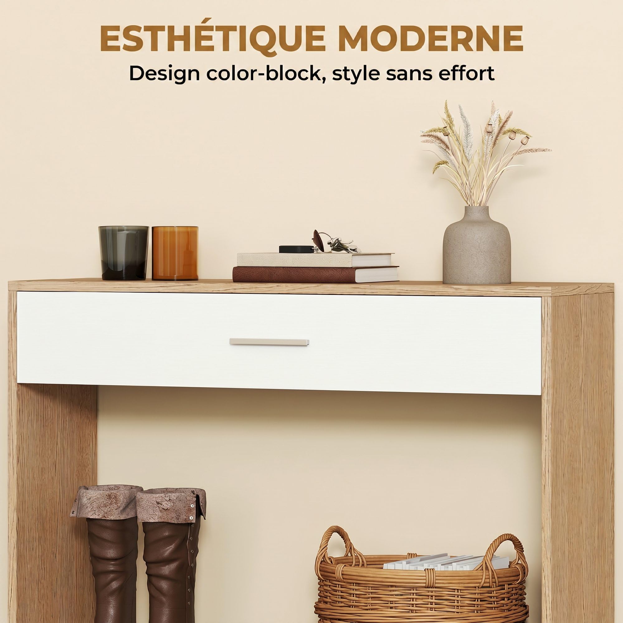 HOMCOM Console Meuble + Miroir avec tiroir 91,5 x 27,9 x 85,5 cm chêne | Table Console Étroite, Avec Étagère, Style Moderne, Table d'Entrée, Couloir, Salon, Petits Espaces