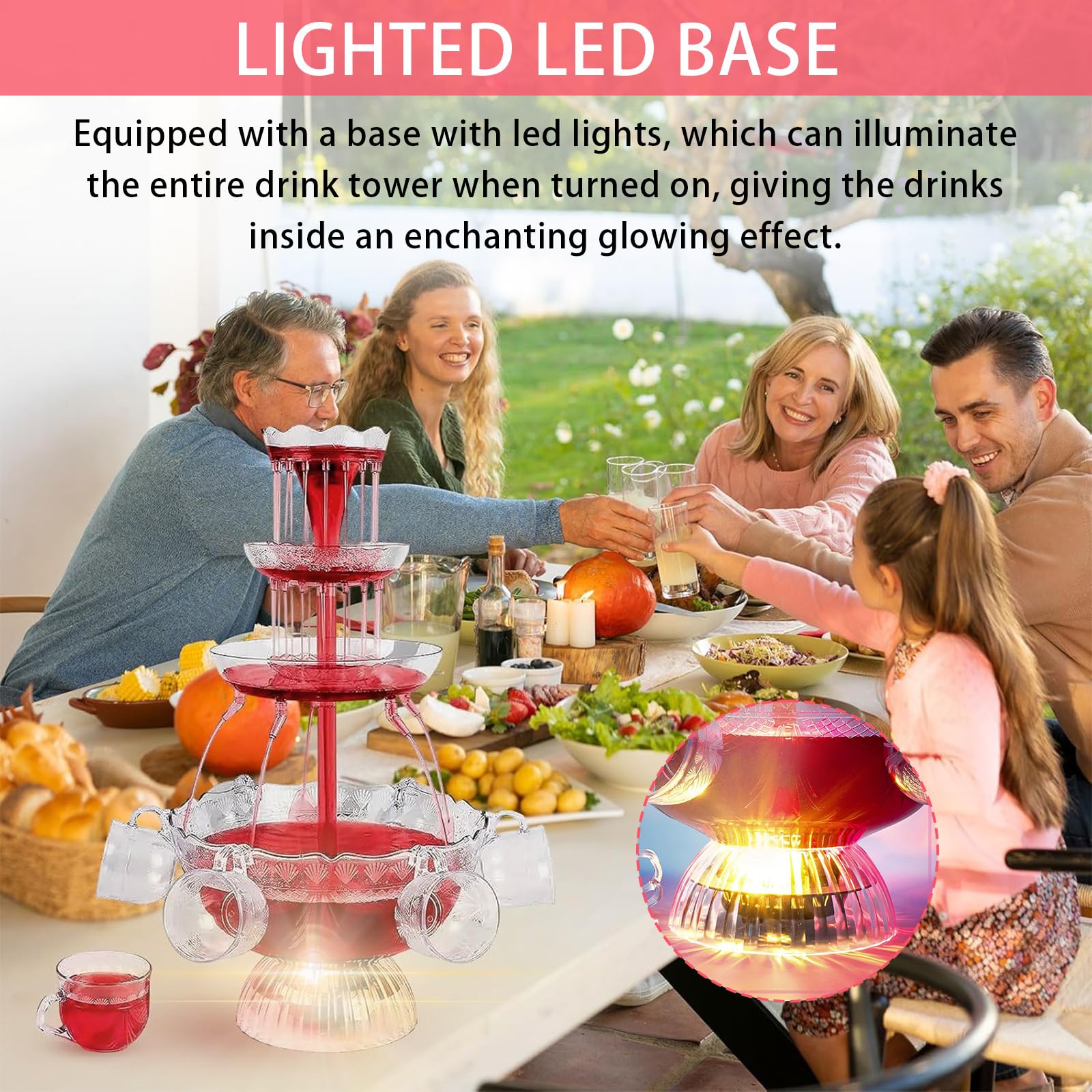3 Niveaux Fontaine de Fête avec Boissons Réutilisables, Vin Éclairé LED, Fontaine à Boire pour Pubs, Fêtes et Anniversaires