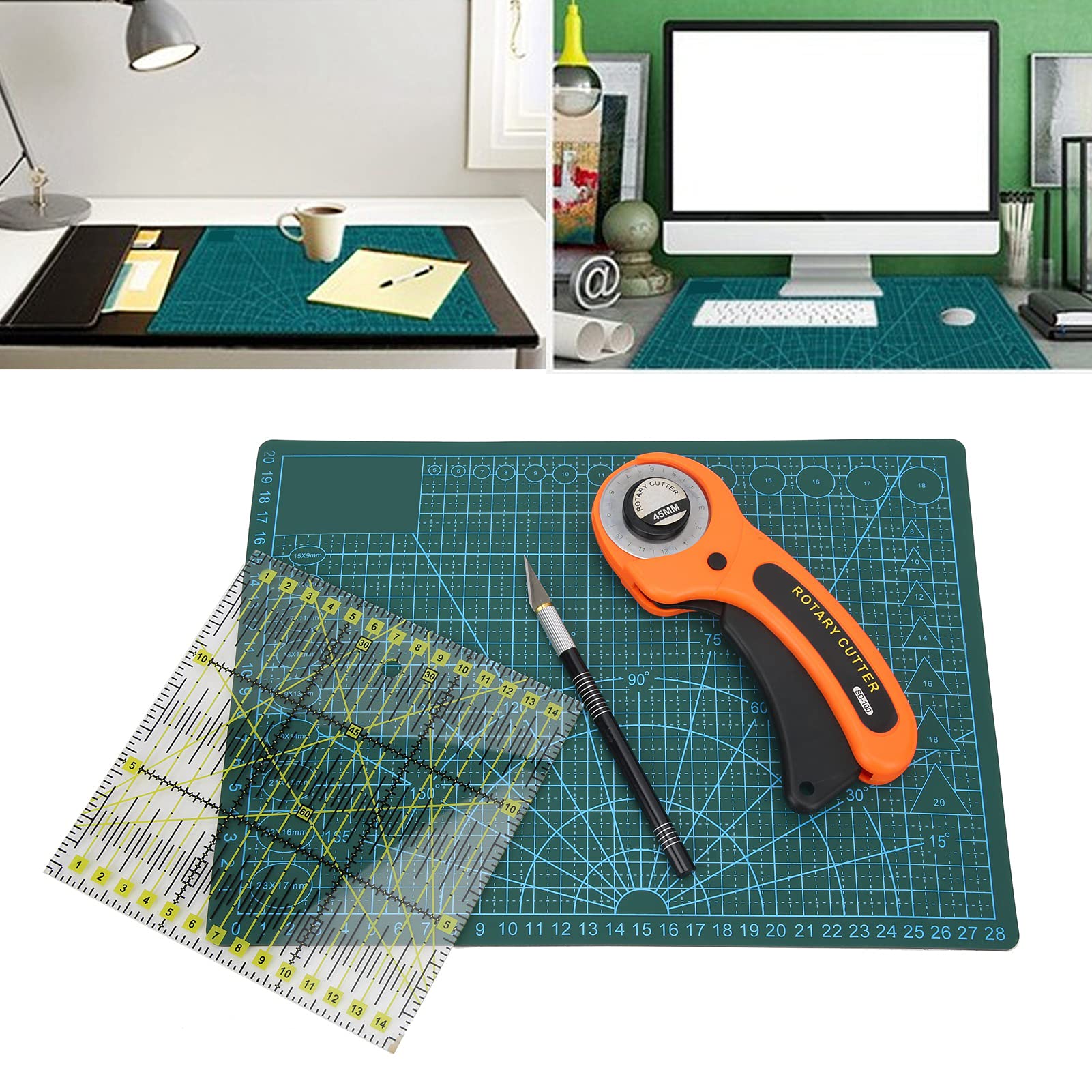 Rollschneider-Set mit selbstheilender A4-Schneidematte, 5 Ersatzklingen und Werkzeug-Aufbewahrungstasche für Lederschnitzerei, Gravur, Stoffkunst, Patcharbeiten, Nähen und