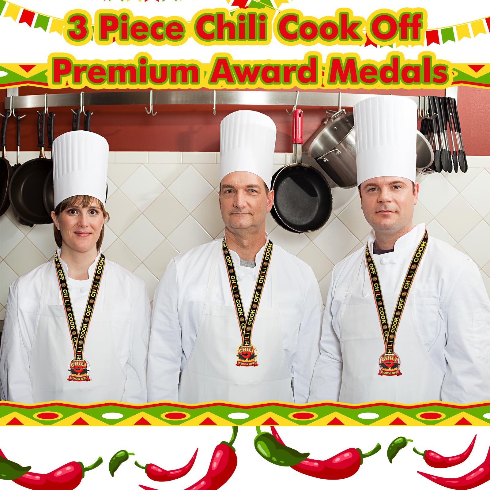 Equsion Juego de 3 medallas de trofeos de premio Chili Cook Off de Chili Cook Off Premios 1er 2º 3er Premios Juego de 3 medallas de lugar con cintas, oro, plata, bronce, chile, decoración para
