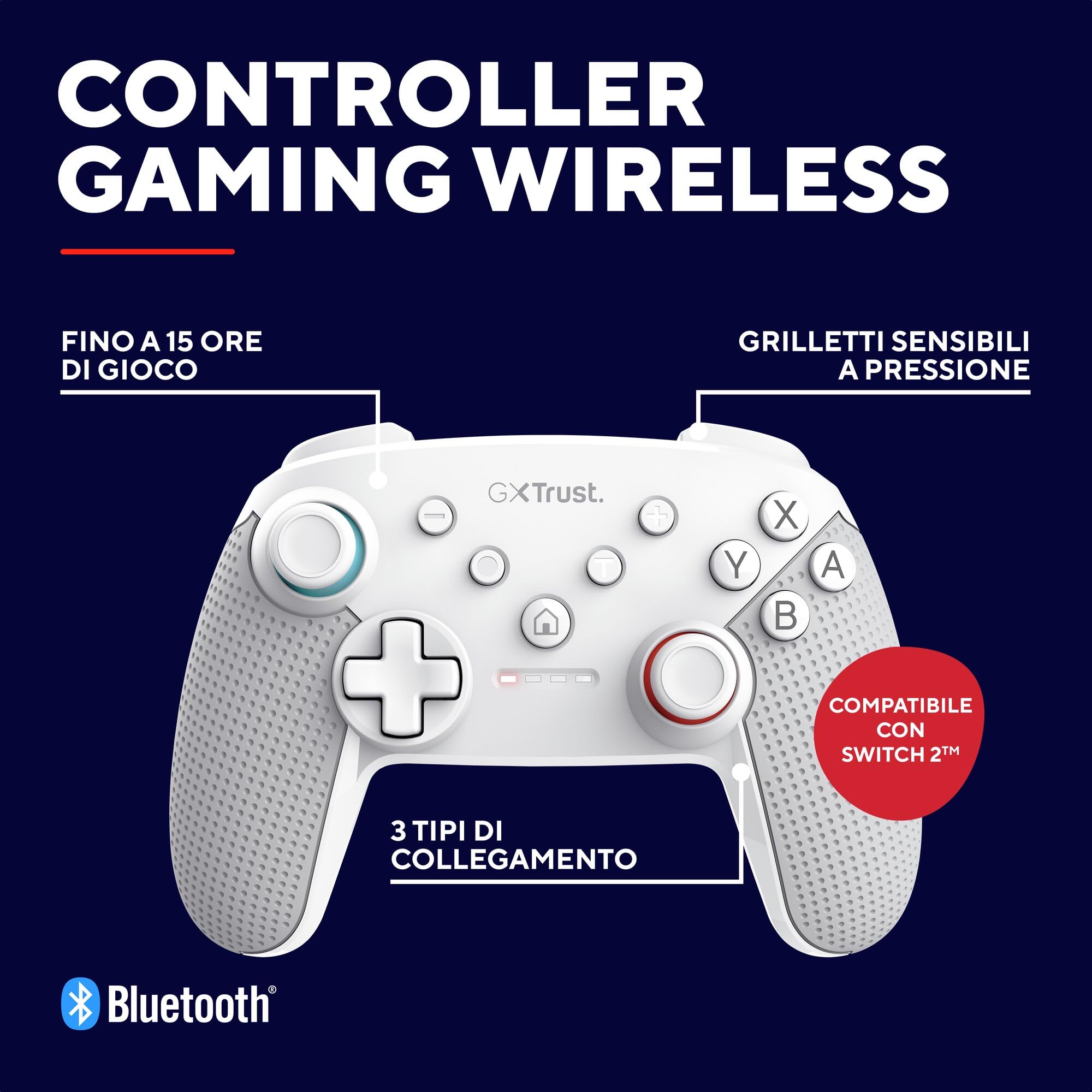 GXTrust 1246W Muta Controller Nintendo Switch Wireless con Bluetooth, Vibrazione Dual Shock, Sensore di Movimento, Pulsante Turbo, 15h di Gioco, Gamepad per Nintendo Switch, Lite, OLED, Bianco