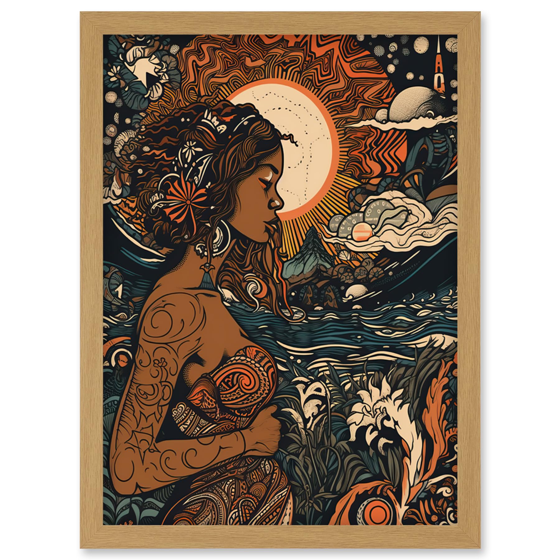 Artery8 Gaia Mother Nature Modern Art Nouveau Folk Art Artwork Framed Wall Art Print A4