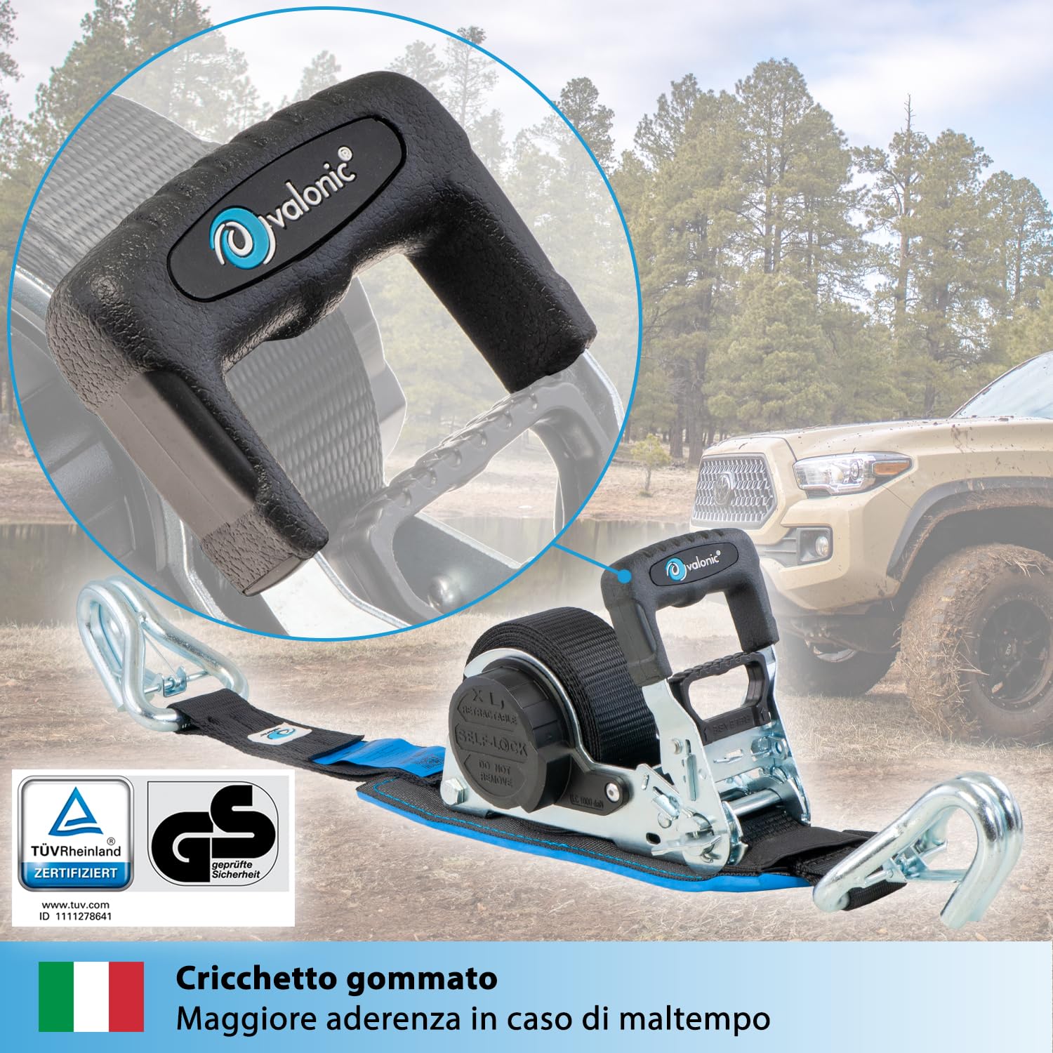 valonic GRIZZLY - 2x 5m XXL Cinghie di fissaggio automatiche con gancio a moschettone, 35mm, 800/1600 Kg, imbottite, certificate TÜV Rheinl. e GS, EN 12195-2 - con cricchetto, nero