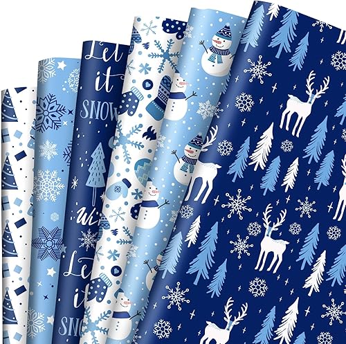 AnyDesign - 12 hojas de papel de regalo de Navidad, papel de regalo de invierno azul y blanco, copos de nieve a granel, papel de arte de árbol de