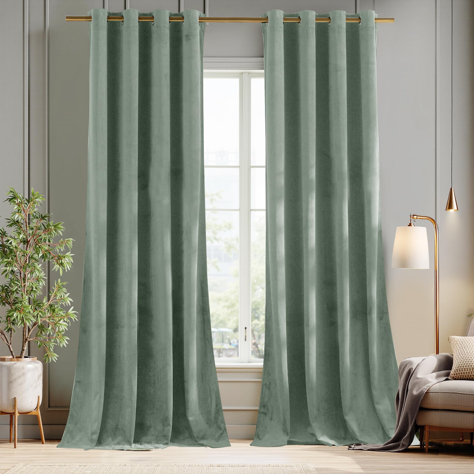 PONY DANCE Sage Green Eyelet Blackout Velvet Curtains, 52x90 Inch, 2 Panels