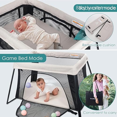 Miniatura 4 de Cuna de viaje 2 en 1, corralito ligero para bebé con moisés, patio plegable portátil para viajes, mini cuna con puerta de malla y cremallera