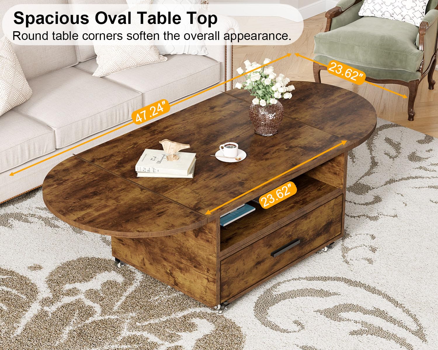 IBF Ovaler Couchtisch 120cm Braun,ausziehbar Holz-Tisch mit Rollen