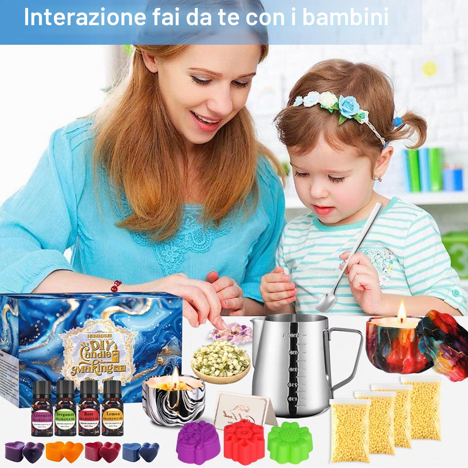 NEMMXUB Kit per Fabbricazione Candele,Kit per Candele Fai da Te,Kit per Fusione Cera per Principianti DIY Set Regalo con Cera di Soia,8 Candele Barattoli,8 Coloranti,3 Stampo in Silicone,30 Stoppini