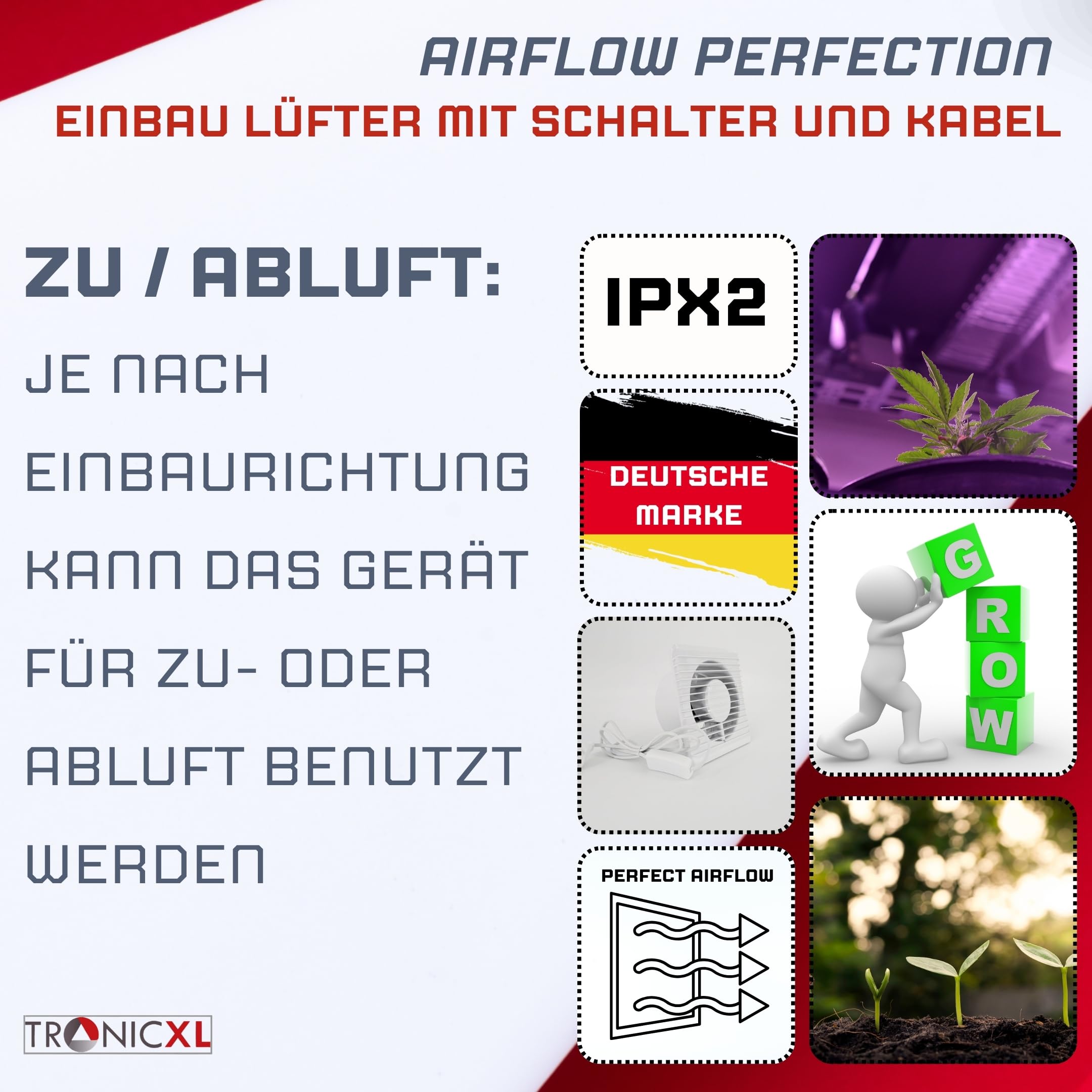 TronicXL 100mm Abluft/Zuluft Grow Lüfter Ventilator mit Netzstecker und Schalter für Homebox Growbox Growschrank Secret Jardin GrowPro DiamondBox Zelsius Mars Hydro etc.