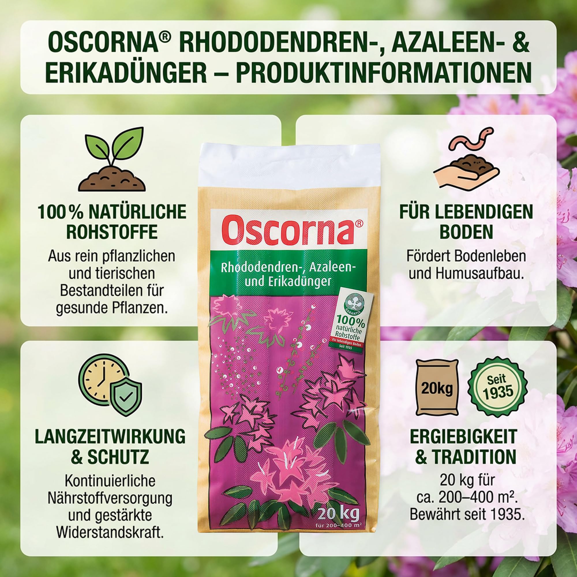 ELITE BBQ kompatibel mit Oscrona Rhododendren Azaleen und Erikadünger 20 kg Organischer Spezialdünger für Moorbeetpflanzen mit 75 bis 100 Tagen Langzeitwirkung