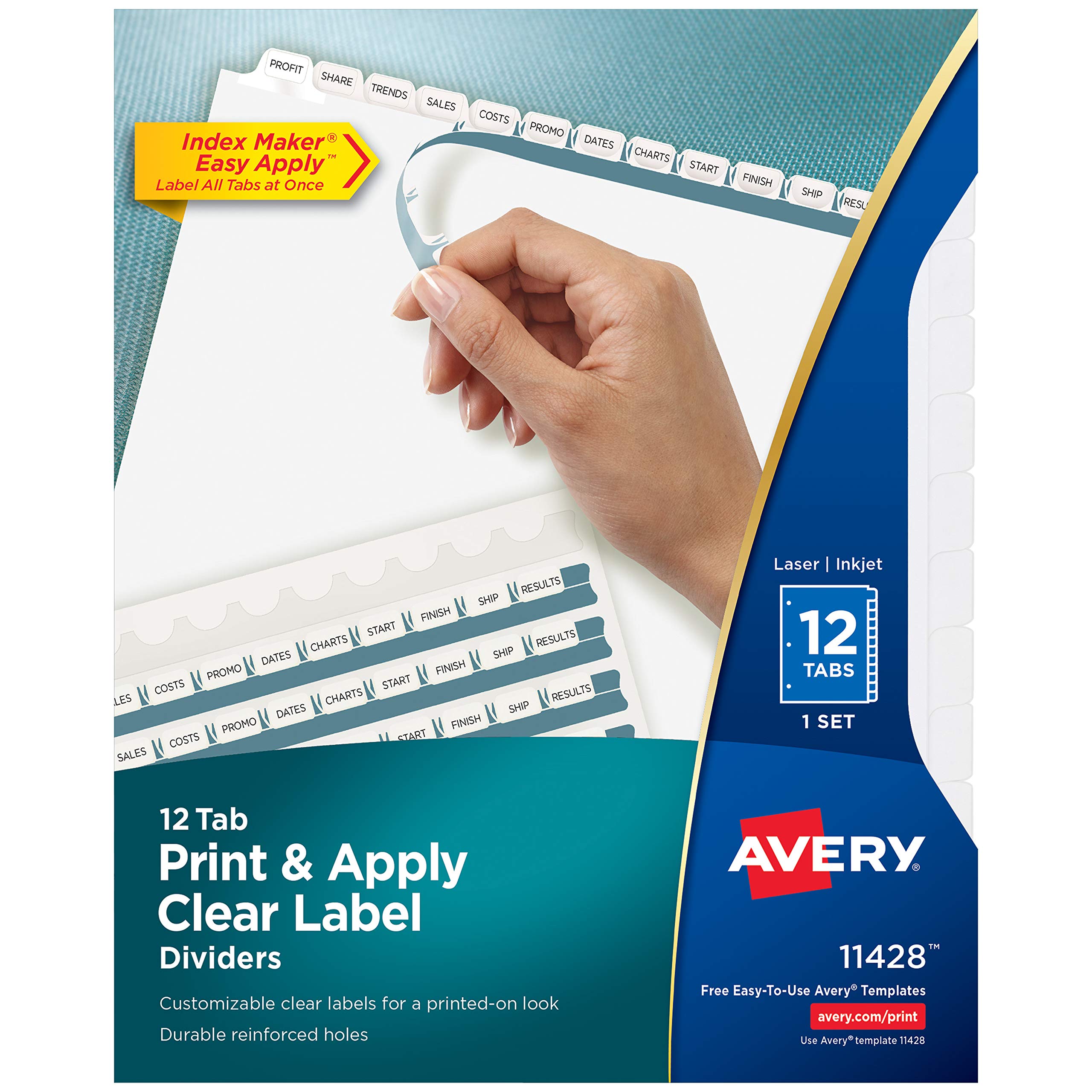 Avery 12 Tab Dividers for 3 Ring Binder, Easy Print & Apply Clear Label Strip, Index Maker Customizable White Tabs, 1 Set (11428)