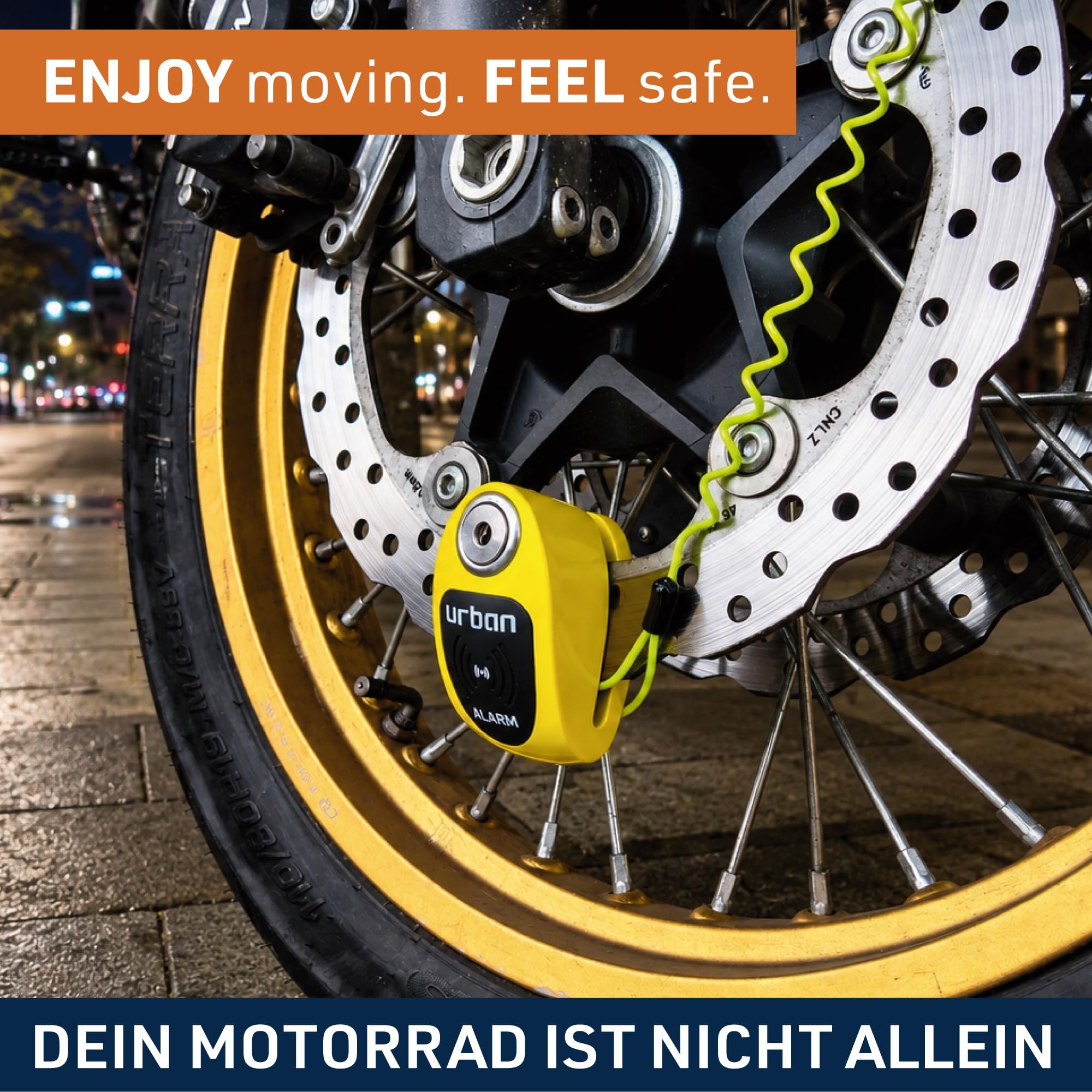 URBAN UR910Y Bremsscheibenschloss mit Alarm 120dB ON/OFF, Gelb+Schwarz Edelstahl lackiert +Abschreckend, SRA & Sold Secure Gold Zertifiziert, Doppelverriegelung Ø10 mm, Motorrad Schloss für Scooter