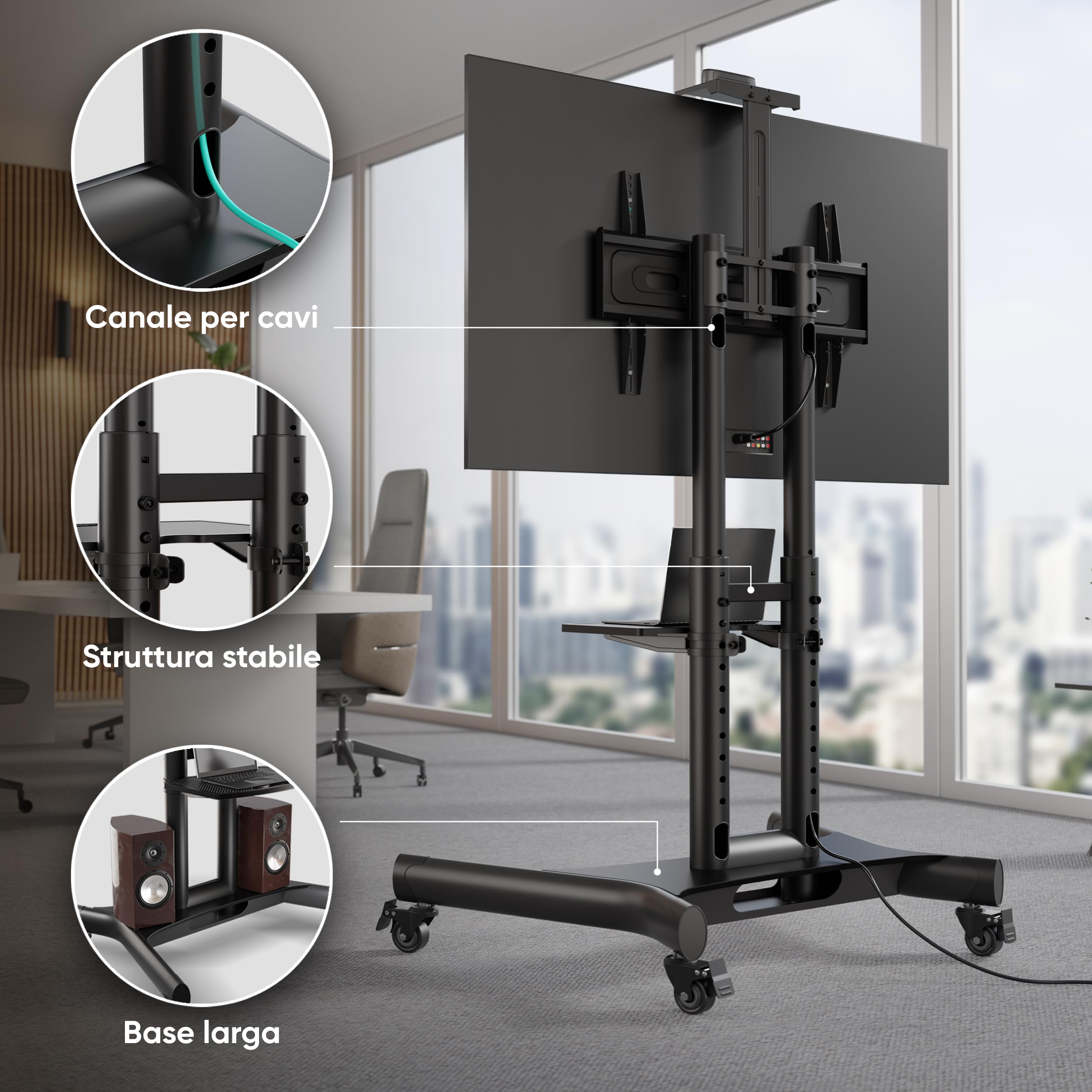 ONKRON Supporto TV da Pavimento con Ruote 40-70 pollici, Carico Totale 55.5 kg, VESA 100x100-600x400, Piedistallo Televisore, con Altezza Regolabile, Porta TV da Terra Mobile, Universale Nero TS1551-B