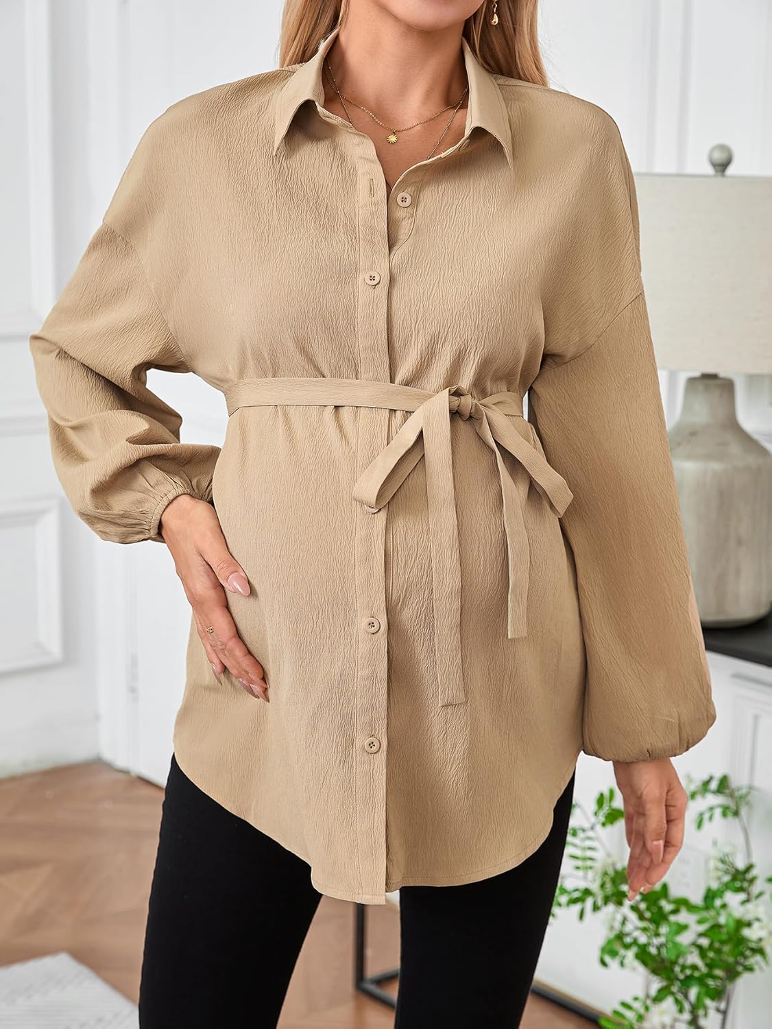 MAKEMECHIC Women's Maternity Blouse Long Sleeve Belted Button Down Casual Pregnancy Blouse Tops - Image 4
