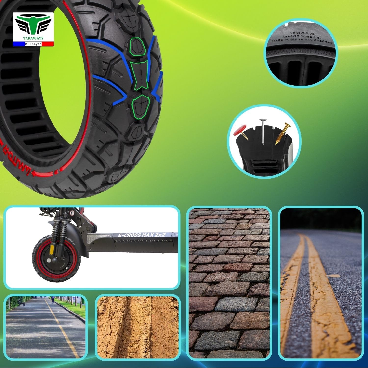 Pneumatico completo anti-perforazione 10 x 2.75 (10 x 2.7-6.5) pollici per monopattino UrbanGlide All Road 5, E-CROSSE MAX 2 x 2, Speedway 5 - Rockway - Crossover - Dualtron 3 (1 x