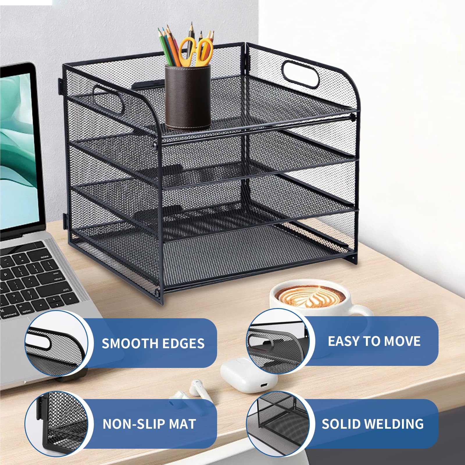 Mesh Letter Tray Organiser 4-Layer Organiser, Desk File Rack Paper Letter Tray Organizer for Home Office School Black - Image 4