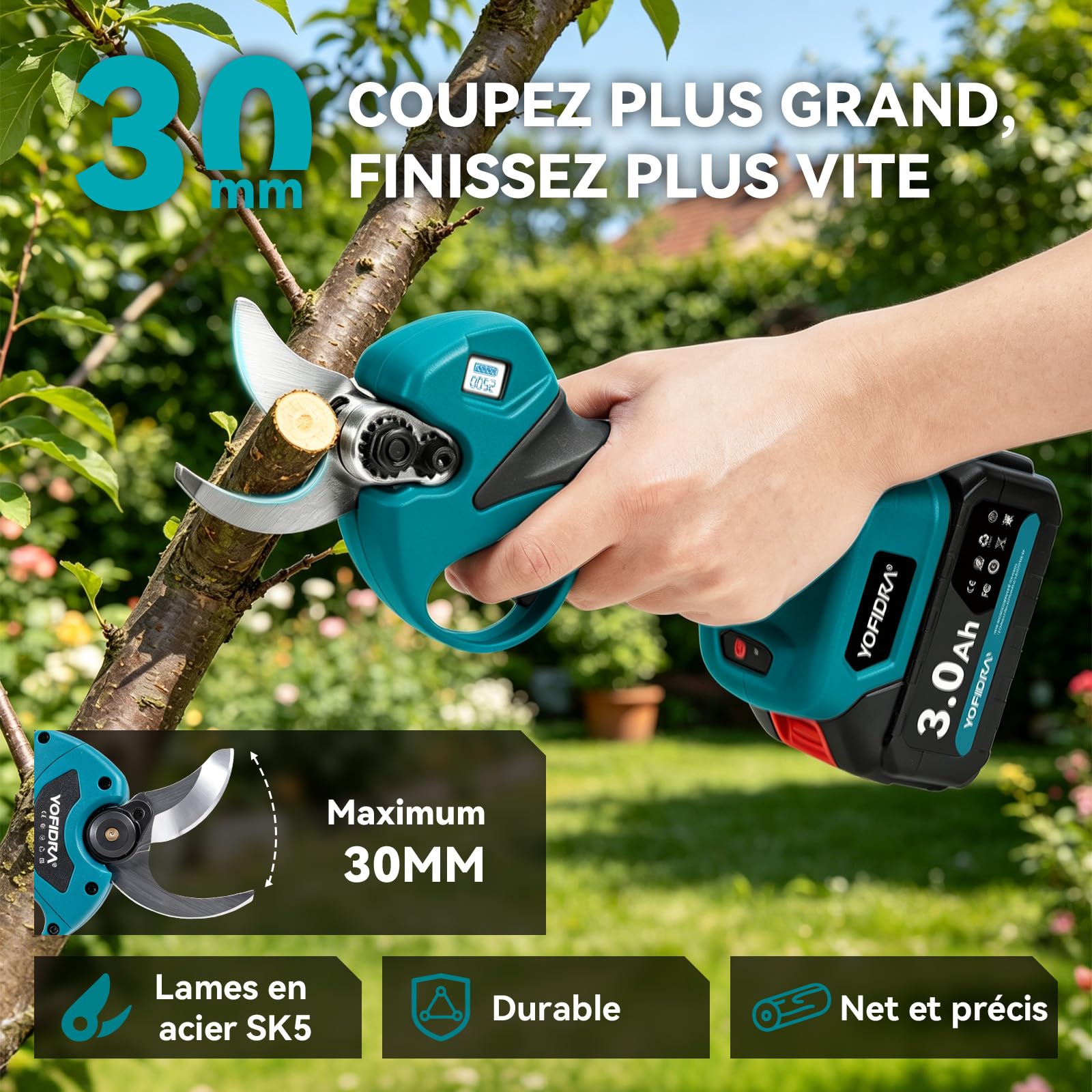 Yofidra 2-in-1 Akku Hochentaster, 30mm Elektrische Astschere Teleskopstiel mit 2 x 3000mAh Akku, 300W Bürstenloser Motor, LCD-Display, Max. Reichweite bis 4,2m, Gartenschere für Äste, Obstbaum
