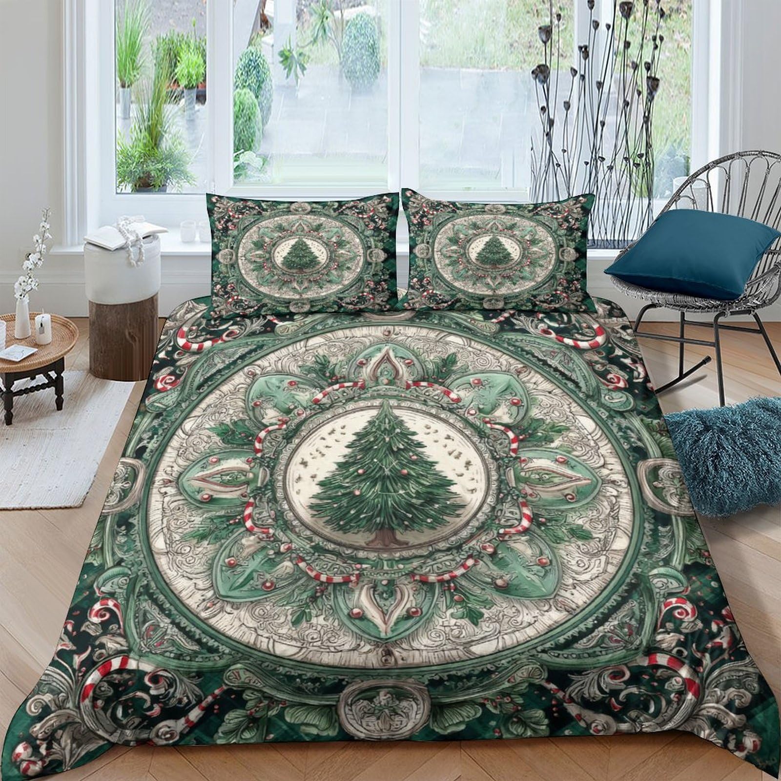 Ctjqhvkz Style-5 3D Printed Christmas Tree Mandala Fitted Sheet Microfiber Soft Green Holiday Mattress Cover For Bedroom Guest Room Decor Single（135X200cm）