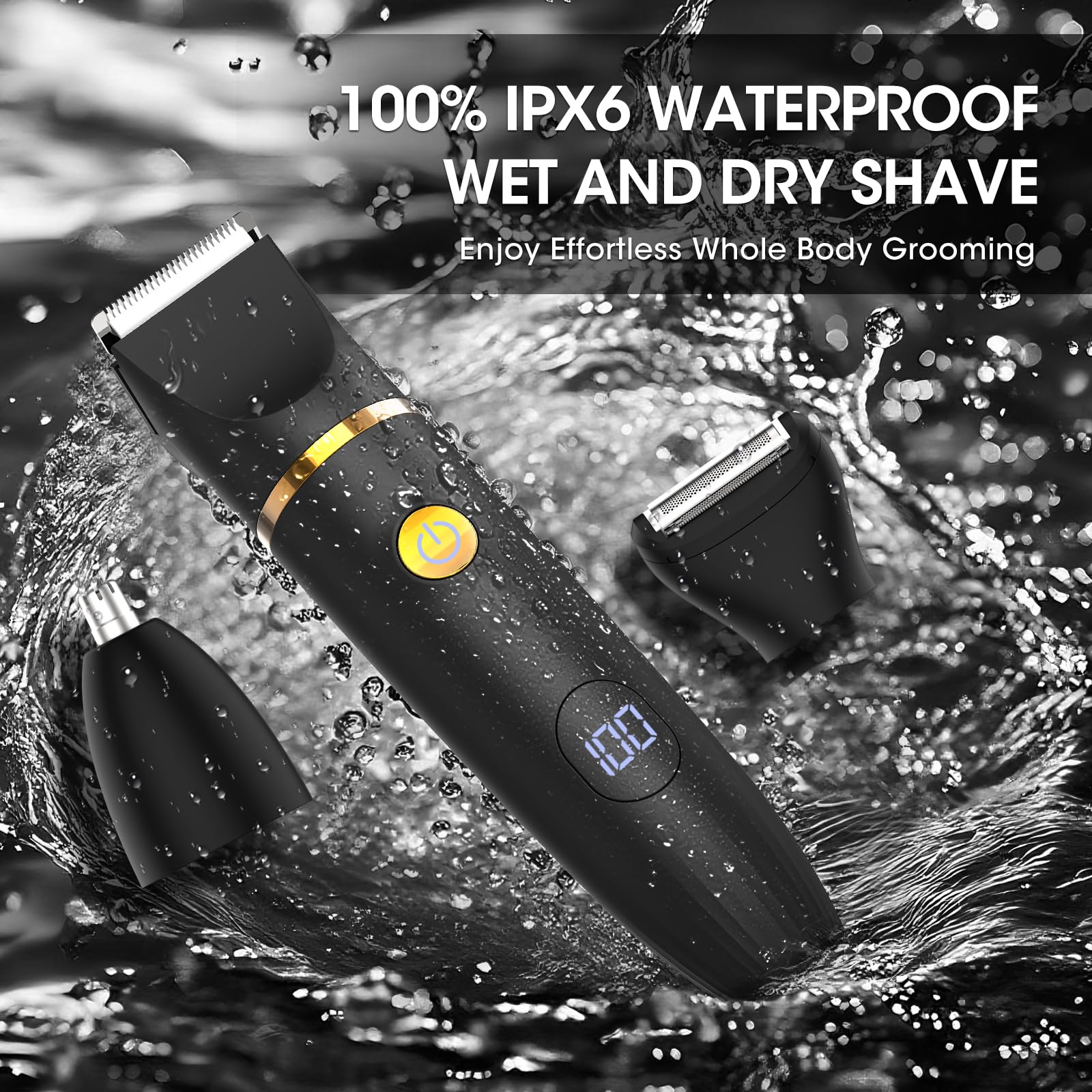 Rasoio elettrico 3 in 1 impermeabile IPX6 con rifinitore di precisione e rasoio per corpo, naso, inguine, gambe e petto, display a LED
