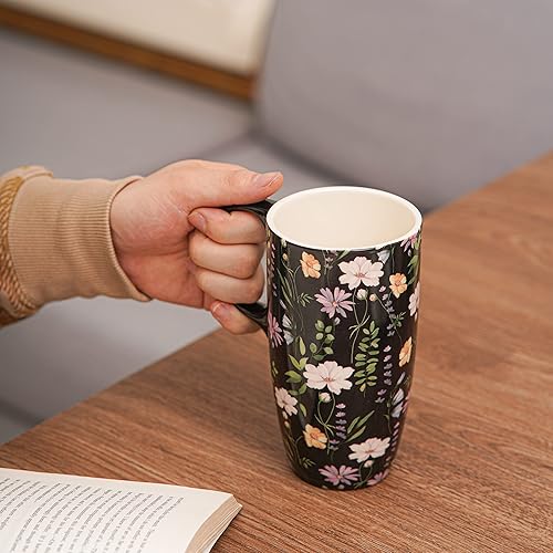 Miniatura 9 de Topadorn Taza de café de cerámica para regalo con tapa de 17 onzas, taza de té alta de porcelana con asa para el hogar y la oficina, taza con patrón