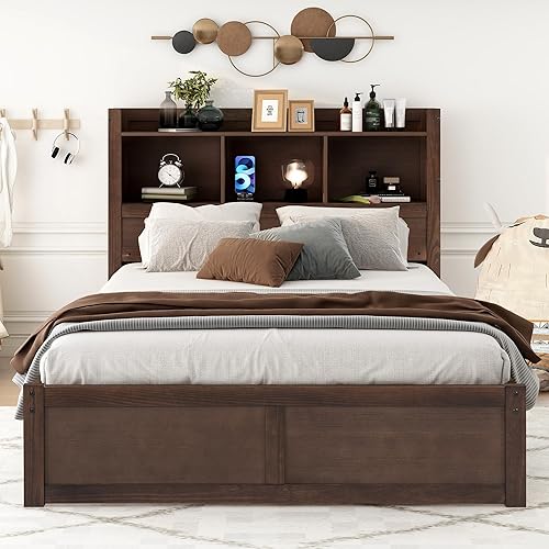 Miniatura 116 de Cama de plataforma de tamaño Queen con cabecero y cajones, marco de cama de plataforma de madera maciza con estantes, puertos USB y enchufes, marco