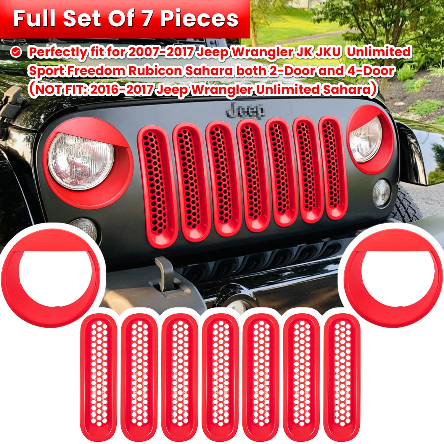 Front Grille Mesh Inserts & Headlight Cover for 2007-2017 Jeep Wrangler JK JKU Unlimited Sport Rubicon Sahara Clip-in Grille Cover Guard Angry Bird Headlight Bezels Trim (Matte Red)